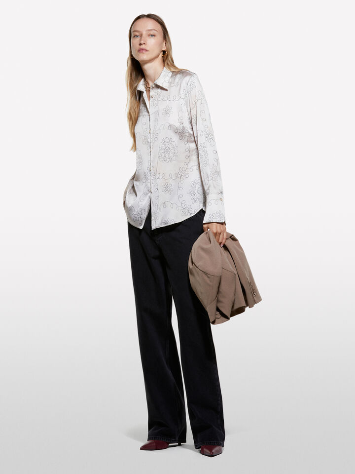Beige shirt in printed satin - women's shirts - Beige | Sisley image number 1